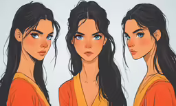 three women with long black hair, wearing orange top