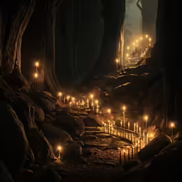 there is a set of steps lit up with candles