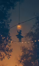 a person hanging from a string with lights strung down