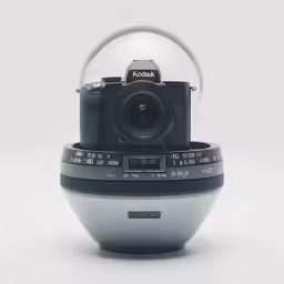 this camera is sitting on top of a big glass ball