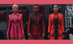 three models in red and pink attire and jackets