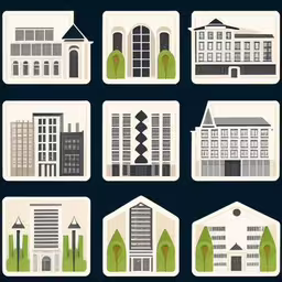 a set of ten city buildings in modern style,some type of house with trees and buildings on them