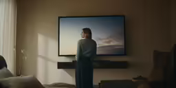 a woman looks out of a window at a tv screen