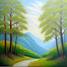 a painting of a green countryside and river running through it,a painting of a scenic landscape with trees,a painting of trees and a pathway by a mountain,a painting on the wall of a forest,a painting of trees and mountains near a river