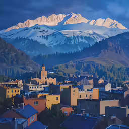 a picture of the city below a snow covered mountain range