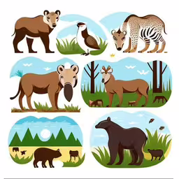 a collection of wild animals in various cartoon style,different animal species and their habitats, which are native,different animals are standing in the wild,a poster with a variety of animals,a group of wild animals, including a bear, zebra, and an elk