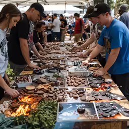 several people are looking at different types of food on a table