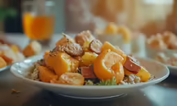 an orange and sausage salad served in a bowl