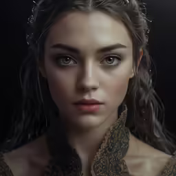 a woman with long hair and blue eyes