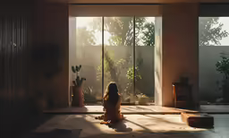 a girl sitting in a dimly lit room with trees outside