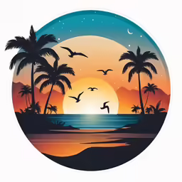 the sunset and birds fly over a beach
