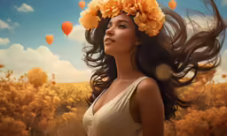 woman with flowers in hair and floating balloons