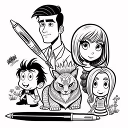 an image of a family with their cat and dog,the person family with a pencil, a marker and markers