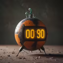 an orange and black alarm clock sits on the floor