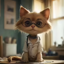 a cat in glasses sitting on top of a wooden table