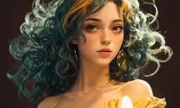a woman with long green and orange hair with blue hair