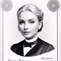 a poster of a woman with blonde hair wearing a black suit