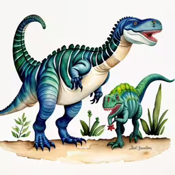 two dinosaurs are depicted in watercolors on paper