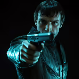 a man with a gun pointing his finger