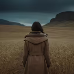 a person walking through a wheat field under a dark cloudy sky