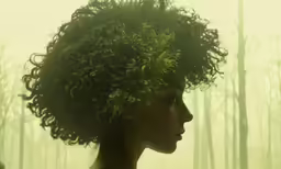 a woman with curly hair looking back to her left