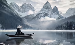 a person in a boat with a white hat sitting in the water