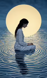the woman sitting on water with a full moon