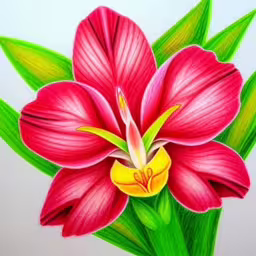 a drawing of pink flower on white background,a close up of a pink flower with leaves