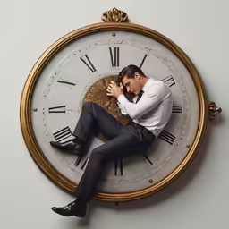 a man sitting in the middle of an old clock