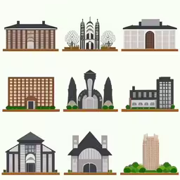 six buildings on a shelf in various views,some type of buildings on the shelves