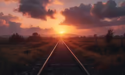a sunset photo of a railroad track with a train going towards it