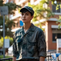 a boy wearing a hat standing near a fence