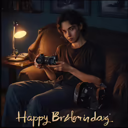 a young man is holding a camera looking at his birthday card