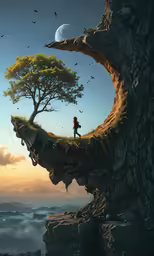 a girl is standing on top of a cliff with a dog and tree