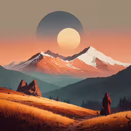 a painting of a person standing in front of a mountain,a person with a sword walks through the field
