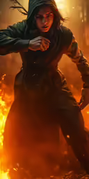 a woman dressed as an elf holds a sword
