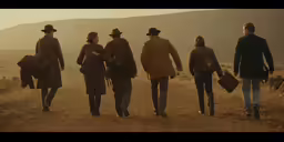 four people walking together down a dirt road