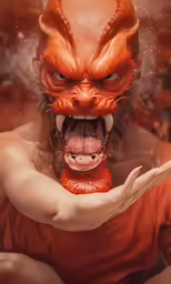 a person in an orange outfit with large teeth
