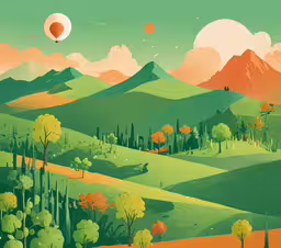 an illustration shows a green, hilly landscape,a painting of a valley with hills and trees