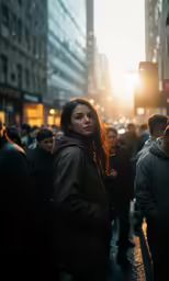 there is a woman standing in the middle of a crowd