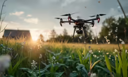a remote controlled flying above the field in front of some buildings