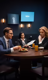 three people are seated around a table and eating