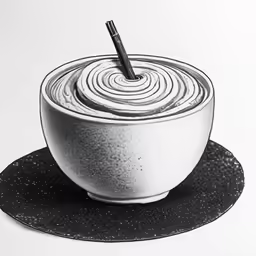 a black and white drawing of a bowl with a straw in it