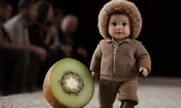 an adorable doll with an unusual cut up kiwi