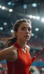 young woman in red shirt playing basketball at indoor arena
