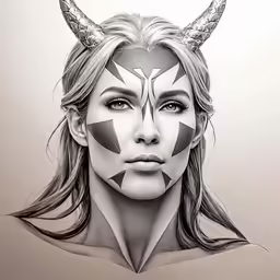 the image is a drawing of a woman with a horned face