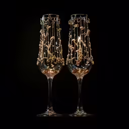 two champagne glasses are shown with pearls and beads