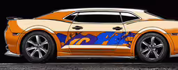 the side view of a car painted in yellow and blue,a car painted in bright orange, blue and white