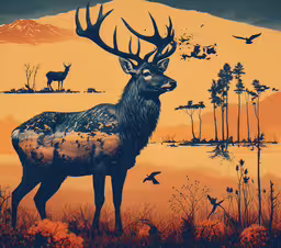 a painting of a deer is in a field,a painting of an elk standing in the grass