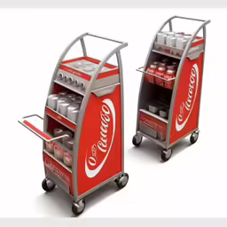 a red and silver soda machine with two shelves